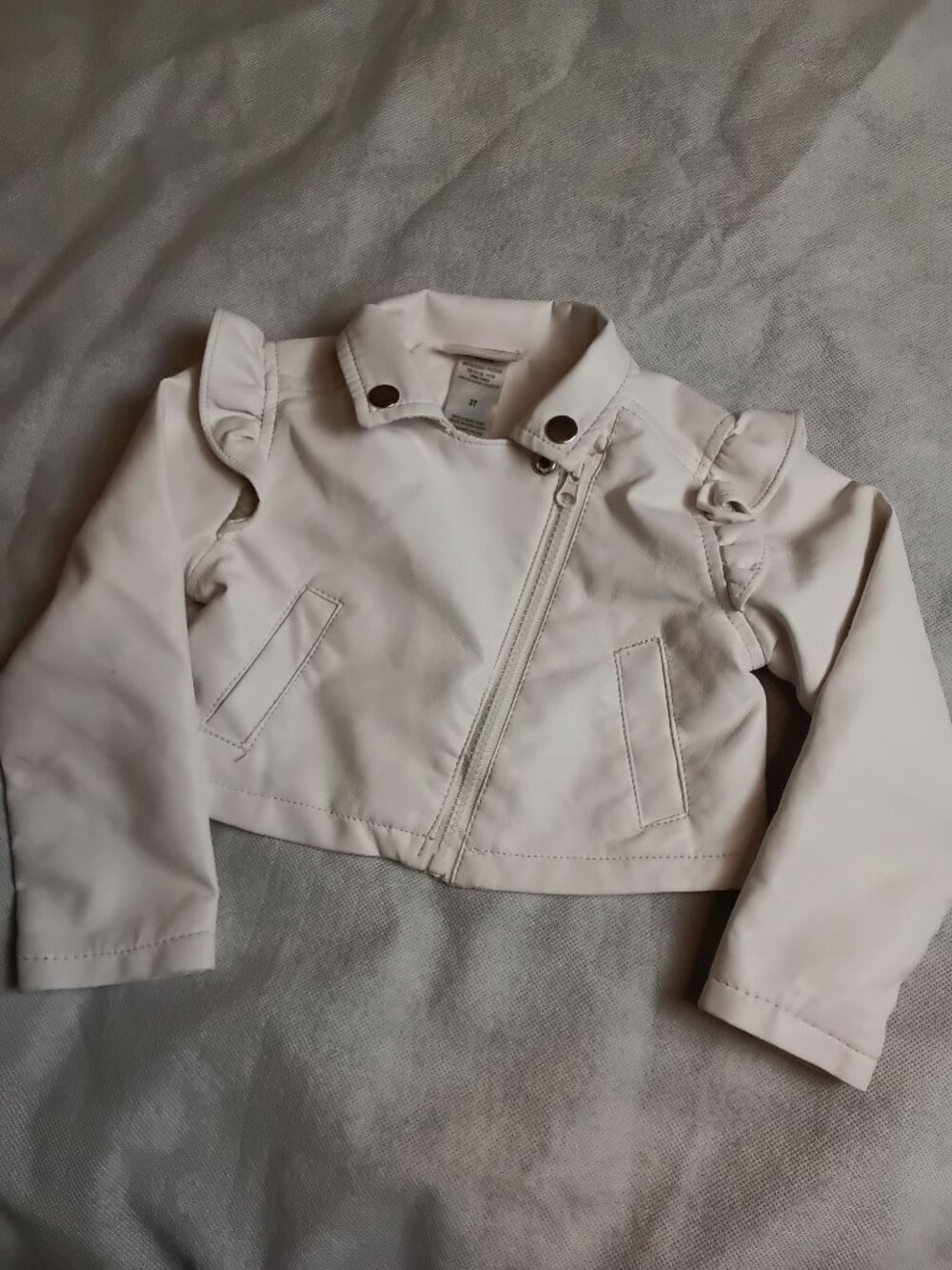 Little Lass Toddler Girls White Faux Leather Moto Jacket Ruffle Shoulder 3T